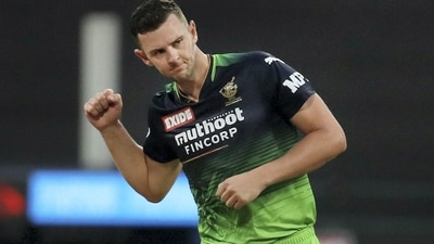 Josh Hazlewood of Royal Challengers Bangalore celebrates the wicket of Rahul Tripathi of Sunrisers Hyderabad during the Indian Premier League 2022 (PTI) Josh Hazlewood of Royal Challengers Bangalore celebrates the wicket of Rahul Tripathi of Sunrisers Hyderabad during the Indian Premier League 2022 (PTI)