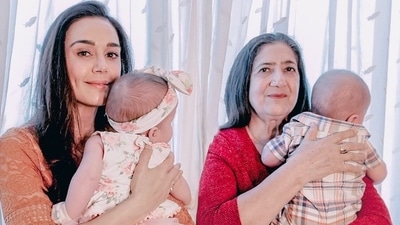 Preity Zinta hugs Gia Zinta Goodenough while Nilprabha Zinta holds Jai Zinta Goodenough. Preity Zinta hugs Gia Zinta Goodenough while Nilprabha Zinta holds Jai Zinta Goodenough.