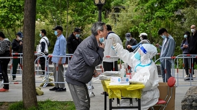 A health worker takes a swab sample from a man to be tested for Covid-19 coronavirus at a makeshift testing site along a street in Beijing on May 7, 2022. (AFP) A health worker takes a swab sample from a man to be tested for Covid-19 coronavirus at a makeshift testing site along a street in Beijing on May 7, 2022. (AFP)