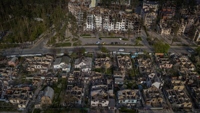 A destroyed residential area is seen after Russian shelling, amid their invasion of Ukraine, in Irpin, Ukraine. (REUTERS)