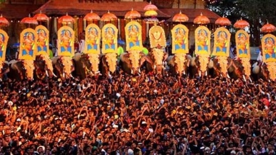 Elephants play a huge role in the Thrissur Pooram. They are decorated with nettipattam (decorative golden headdress), strikingly crafted Kolam, decorative bells, and ornaments.(Pinterest)