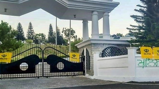 Khalistan flags tied on the main gates and walls of Himachal Pradesh Vidhan Sabha complex, at Tapovan in Kangra district. (PTI)