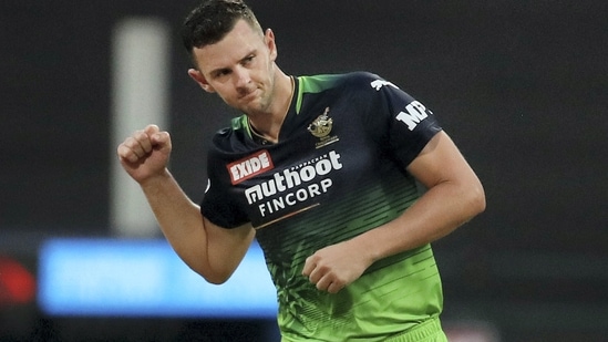 Josh Hazlewood of Royal Challengers Bangalore celebrates the wicket of Rahul Tripathi of Sunrisers Hyderabad during the Indian Premier League 2022 (PTI)