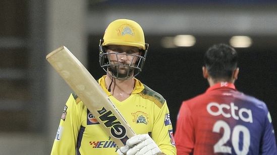 Mumbai: Devon Conway of Chennai Super Kings raises his bat after scoring a half century, during the Indian Premier League 2022 cricket match between Chennai Super Kings and Delhi Capitals, at the DY Patil Stadium in Mumbai, Sunday, May 8, 2022. (Sportzpics for IPL/PTI Photo)(PTI05_08_2022_000193B)(PTI)