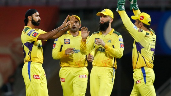 Mumbai: Simarjeet Singh of Chennai Super Kings celebrates with teammates after the wicket of K.S. Bharat of Delhi Capitals, during the Indian Premier League 2022 cricket match between Chennai Super Kings and Delhi Capitals, at the DY Patil Stadium in Mumbai, Sunday, May 8, 2022. (Sportzpics for IPL/PTI Photo)(PTI05_08_2022_000213B)(PTI)