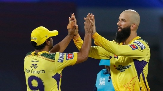 Mumbai: Moeen Ali of Chennai Super Kings celebrates with teammate Ambati Rayudu after the wicket of Mitchell Marsh of Delhi Capitals, during the Indian Premier League 2022 cricket match between Chennai Super Kings and Delhi Capitals, at the DY Patil Stadium in Mumbai, Sunday, May 8, 2022. (Sportzpics for IPL/PTI Photo)(PTI05_08_2022_000225B)(PTI)