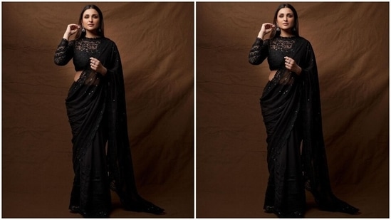Parineeti Chopra dressed in a black sheer saree and lace embroidered blouse looks elegant and beautiful. (Instagram/@parineetichopra)
