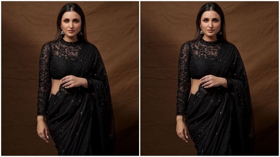 Parineeti accessorised the drape with minimal accessories that did not divert the attention from her beauteous look. She chose silver jhumkis, embellished rings and matching heels.(Instagram/@parineetichopra)