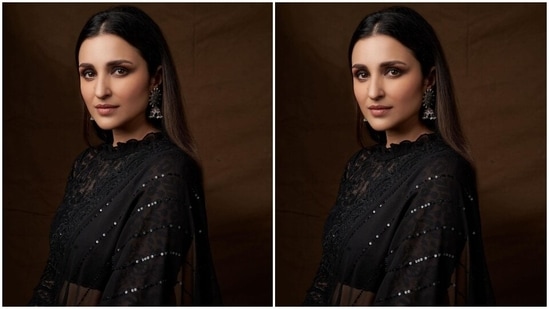 In the end, Parineeti opted for centre-parted open locks, subtle smoky eye shadow with a hint of red, glossy nude lip shade, mascara on the lashes, glowing skin, blushed cheeks, beaming highlighter and on-fleek brows.(Instagram/@parineetichopra)