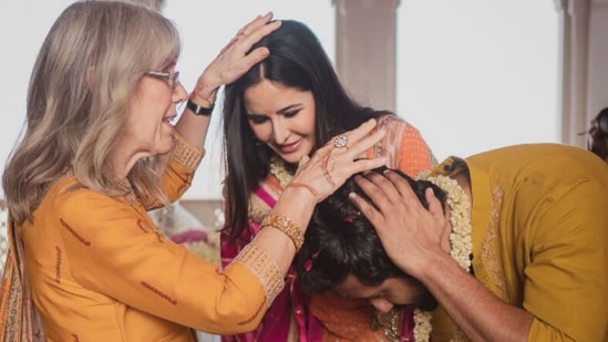 Suzanne Turquotte with daughter Katrina Kaif and son-in-law Vicky Kaushal during their 2021 wedding.