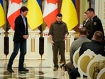 Ukrainian President Volodymyr Zelenskyy, center, and Canadian Prime Minister Justin Trudeau, attend an award ceremony for a Ukrainian sapper and his legendary dog Patron in Kyiv, Ukraine, Sunday,(AP) Ukrainian President Volodymyr Zelenskyy, center, and Canadian Prime Minister Justin Trudeau, attend an award ceremony for a Ukrainian sapper and his legendary dog Patron in Kyiv, Ukraine, Sunday,(AP)