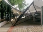 Collapsed canopy at the Atal Bihari Vajpayee Stadium after the rain