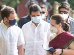 Congress president Sonia Gandhi, with party leaders Rahul Gandhi and KC Venugopal, arrives for the Congress Working Committee meeting, at the AICC headquarters, in New Delhi on Monday. (PTI) Congress president Sonia Gandhi, with party leaders Rahul Gandhi and KC Venugopal, arrives for the Congress Working Committee meeting, at the AICC headquarters, in New Delhi on Monday. (PTI)