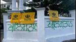 Khalistan flags tied on the main gate of the Himachal Pradesh legislative assembly complex at Dharamshala in Kangra. (HT Photo)