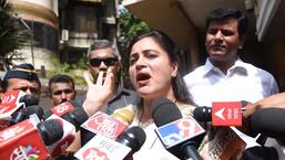 Independent MP Navneet Rana accompanied by her husband MLA Ravi Rana interacts with media before leaving for Delhi from her residence, at Khar on Monday (VijayBate)
