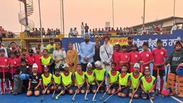 Winning teams on Day 2 of the Olympian Prithipal Singh Hockey Festival, organized by the Mata Sahib Kaur Sports Charitable Trust, at Jarkhar village, Ludhiana.  (HT PHOTO)