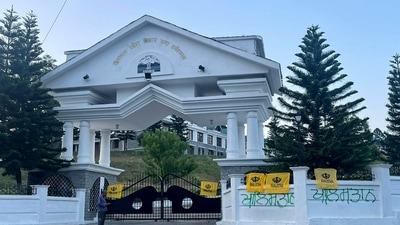 Khalistan flags were found tied on the main gate and slogans scrawled on the walls of the Himachal Pradesh legislative assembly complex at Dharamshala in Kangra district, Himachal Pradesh (HT Photo) (HT_PRINT) Khalistan flags were found tied on the main gate and slogans scrawled on the walls of the Himachal Pradesh legislative assembly complex at Dharamshala in Kangra district, Himachal Pradesh (HT Photo) (HT_PRINT)