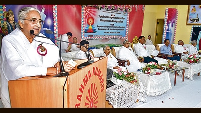 Brahma Kumari Prem Lata speaking at the event organised at Prajapita Brahma Kumaris Ishwariya Vishwa Vidyalaya in Phase 7, Mohali, on Monday. (HT Photo)
