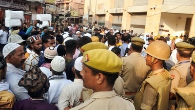 People from the Muslim community stage a protest after the arrival of the court commissioner and nominated members for the survey of the Gyanvapi complex and Shringar Gauri, in Varanasi on May 6. (ANI) People from the Muslim community stage a protest after the arrival of the court commissioner and nominated members for the survey of the Gyanvapi complex and Shringar Gauri, in Varanasi on May 6. (ANI)
