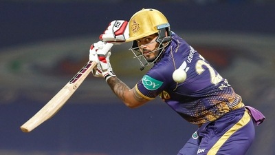 Nitish Rana continued the quick start that Venkatesh got KKR off to and they looked set for a total close to 200. (PTI) Nitish Rana continued the quick start that Venkatesh got KKR off to and they looked set for a total close to 200. (PTI)