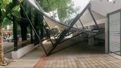 Collapsed canopy at the Atal Bihari Vajpayee Stadium after the rain Collapsed canopy at the Atal Bihari Vajpayee Stadium after the rain