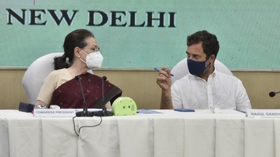 Congress interim chief Sonia Gandhi and Rahul Gandhi at the Congress Working Committee meeting in the national capital.&nbsp; (Sanjeev Verma/HT Photo)