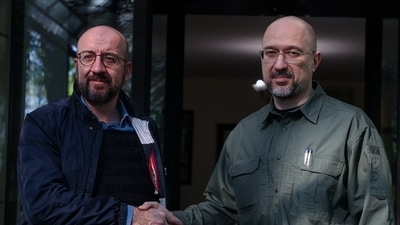 European Council president Charles Michel (left) with Ukrainian PM Denys Shmyhal. (Twitter/@CharlesMichel) European Council president Charles Michel (left) with Ukrainian PM Denys Shmyhal. (Twitter/@CharlesMichel)