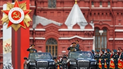 Russian Defence Minister Sergei Shoigu and Chief of the Russian Land Forces Oleg Salyukov drive Aurus cabriolets during a military parade on Victory Day, which marks the 77th anniversary of the victory over Nazi Germany in World War Two, in Red Square in central Moscow, Russia. (REUTERS)
