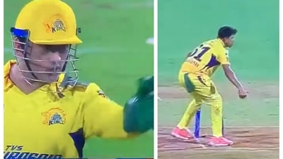 MS Dhoni reacts after Maheesh Theekshana misses an easy run MS Dhoni reacts after Maheesh Theekshana misses an easy run