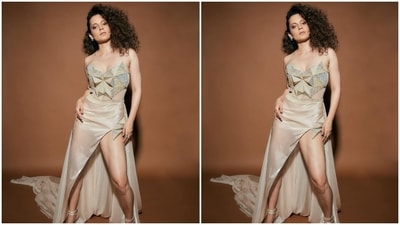 Kangana shared images with the caption, "Success bash. Heart felt gratitude for massive success of lockupp. @ektarkapoor thank you for this grand launch as a host." The photos show the star striking glamorous poses in a ‘Dhaakad’ beige gown and serving sultry fashion goals. (Instagram/@kanganaranaut) Kangana shared images with the caption, "Success bash. Heart felt gratitude for massive success of lockupp. @ektarkapoor thank you for this grand launch as a host." The photos show the star striking glamorous poses in a ‘Dhaakad’ beige gown and serving sultry fashion goals. (Instagram/@kanganaranaut)