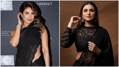 Priyanka Chopra and Parineeti Chopra wear the same sheer black saree in these pics: Who wore it better? (Instagram) Priyanka Chopra and Parineeti Chopra wear the same sheer black saree in these pics: Who wore it better? (Instagram)