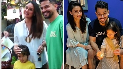 Left- Kunal Kemmu with Kareena Kapoor and Taimur Ali Khan. Right- Kunal Kemmu with wife Soha Ali Khan and daughter Inaaya.