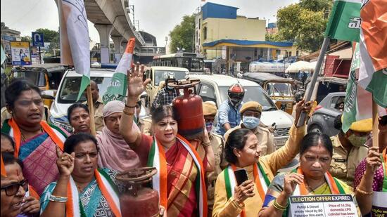 The Congress staged a protest against the hike in LPG prices in Hyderabad on Monday. (PTI)