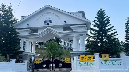 Khalistan flags were found tied to the main door and slogans written on the walls of the Himachal Pradesh Legislative Assembly complex in Dharamshala in Kangra district, Himachal Pradesh (HT Photo) (HT Photo) (HT_PRINT