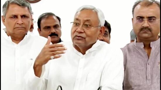 Bihar chief minister Nitish Kumar speaks with media persons after ‘Janata Ka Darbar’ programme in Patna. (Santosh Kumar/HT Photo)