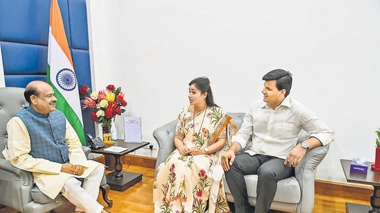 Lok Sabha Speaker Om Birla with Independent MP Navneet Rana and MLA Ravi Rana, during their meeting in New Delhi on Monday. (PTI)