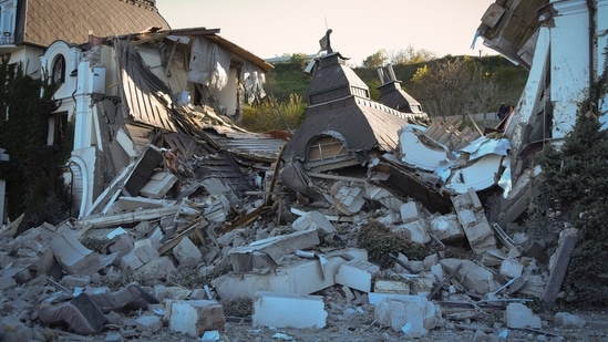 The Grande Pettine Hotel is destroyed by a missile in Odessa, Ukraine, Sunday, May 8, 2022.&nbsp;