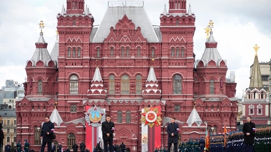 Security guards stand on Red Square prior to the Victory Day military parade in Moscow, Russia.(AP)