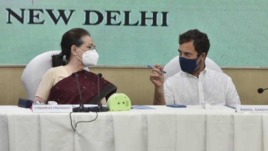 Congress interim chief Sonia Gandhi and Rahul Gandhi at the Congress Working Committee meeting in the national capital.&nbsp;(Sanjeev Verma/HT Photo)