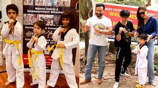 Taimur Ali Khan, Kareena Kapoor, Saif Ali Khan strike a taekwondo pose.