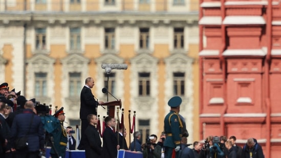 Russian President Vladimir Putin delivers a speech during a military parade on Victory Day.