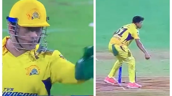 MS Dhoni reacts after Maheesh Theekshana misses an easy run