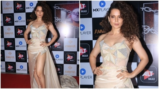 In the end, Kangana chose shimmery smoky bronze eye shadow, mascara on the lashes, glowing skin, blushed cheeks, blush lip shade, on-fleek brows and sleek eyeliner to give a finishing touch to her outfit.(HT Photo/Varinder Chawla)