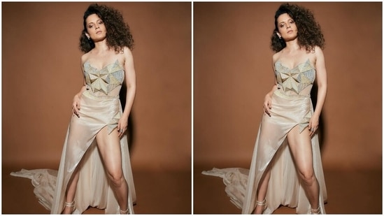 Kangana shared images with the caption, "Success bash. Heart felt gratitude for massive success of lockupp. @ektarkapoor thank you for this grand launch as a host." The photos show the star striking glamorous poses in a ‘Dhaakad’ beige gown and serving sultry fashion goals.(Instagram/@kanganaranaut)