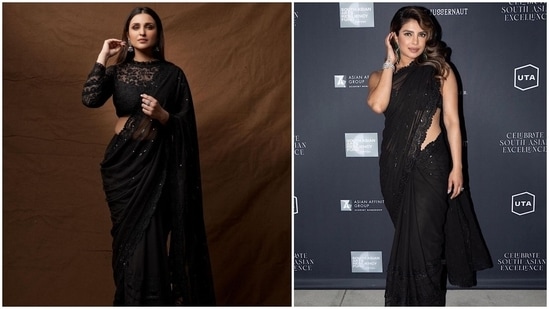Parineeti Chopra and Priyanka Chopra in the same sheer black saree. &nbsp;(Instagram)