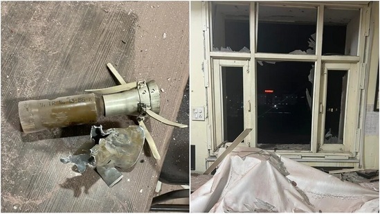 (Left) The object which hit the intelligence office in Mohali. The shattered door and window panes of the office after the suspected attack.(Keshav Singh/Hindustan Times)
