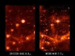 This combination of images provided by NASA shows part of the Large Magellanic Cloud, a small satellite galaxy of the Milky Way, seen by the retired Spitzer Space Telescope, left, and the new James Webb Space Telescope.(NASA via AP)