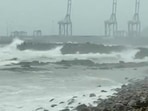 Rough sea conditions along Vishakhapatnam's coast due to severe cyclonic storm Asani. (ANI Twitter)