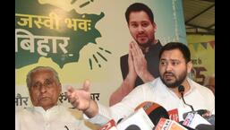 RJD leader Tejashwi Yadav addresses a press conference in Patna on Tuesday. (Santosh Kumar/HT Photo)