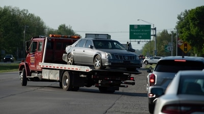 Cadillac sedan that fugitives Casey White and Vicky White used being hauled. (AP) Cadillac sedan that fugitives Casey White and Vicky White used being hauled. (AP)